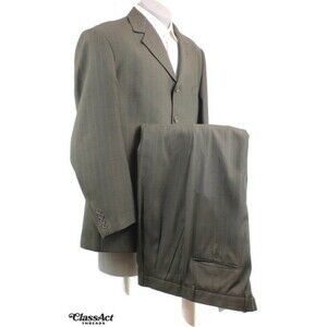 Richard Harris Two Piece Suit Men Green Striped 4 Btn Polyester 46S Pleated 38 W